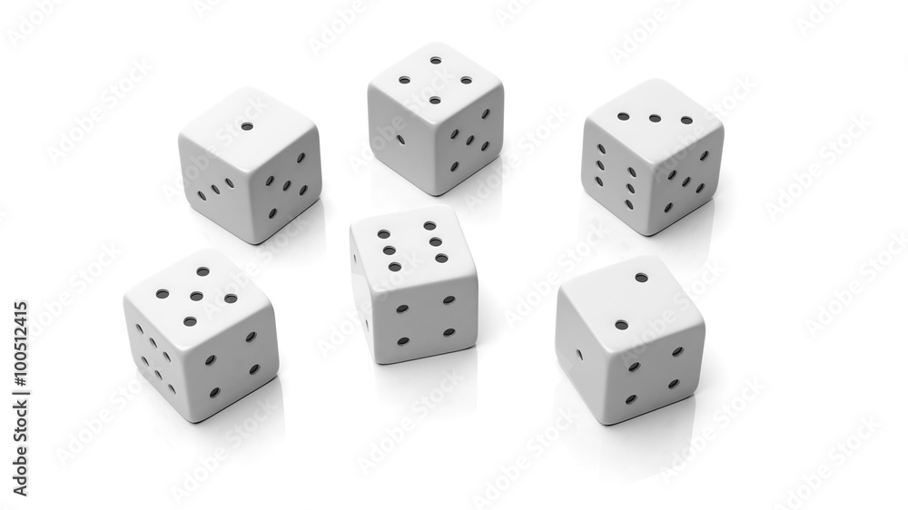 Six white dices with one to six numbers, isolated on white background Six white dices with one to six numbers, isolated on white background