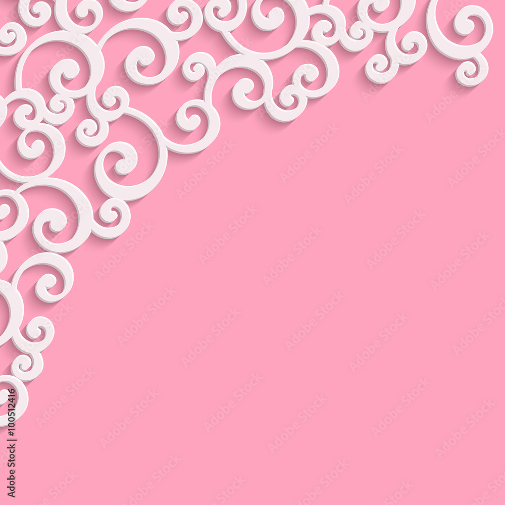 Pink 3d Floral Swirl Background with Curl Pattern. Abstract Vector Vintage Valentines Day Card Design Template