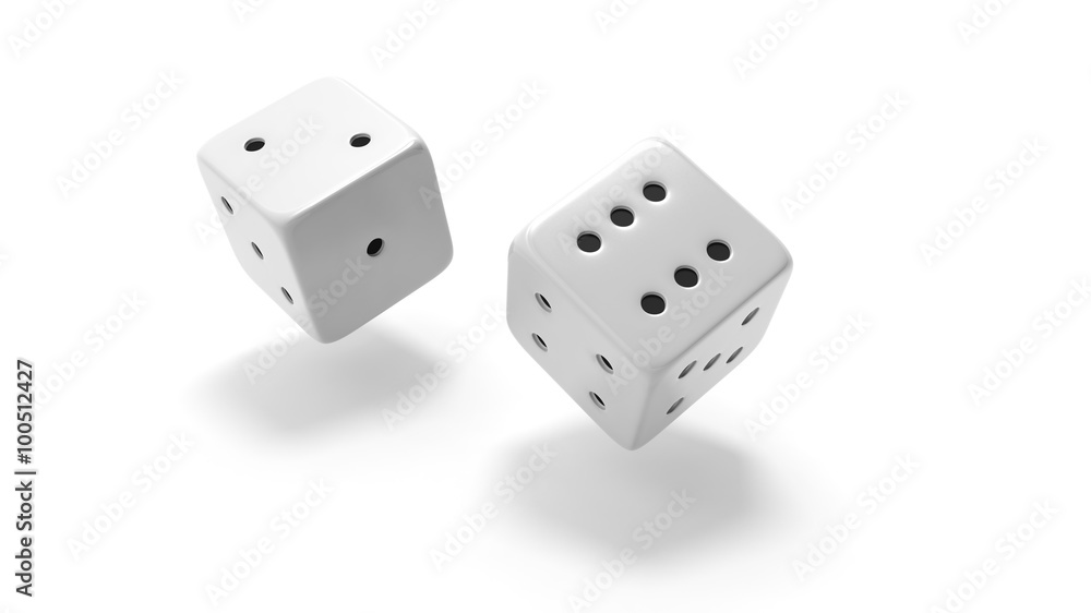 Two white dices rolling two and six, isolated on white background Two white dices rolling two and six, isolated on white background