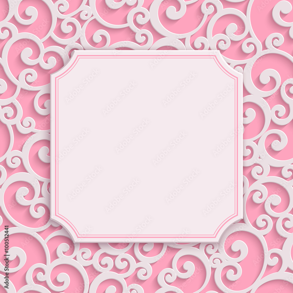 Vector Pink 3d Curl Valentines Day Greeting or Wedding Invitation Card with Damask Floral Swirl Pattern 