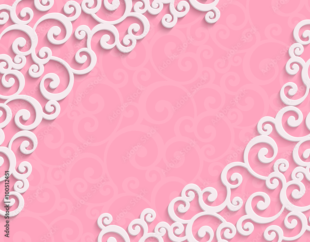 Pink 3d Floral Swirl Horizontal Background with Curl Pattern for Valentines Day or Wedding Invitation Card. Abstract Vector Vintage Design Template