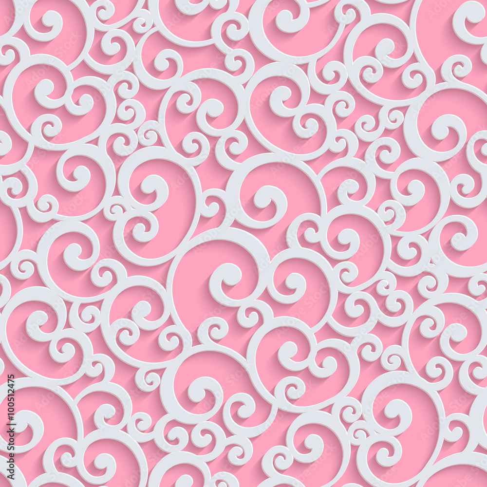 Pink Floral 3d Seamless Pattern Background. Vector Curl Decoration For Wallpaper or Romantic Invitation Card. Swirl Design