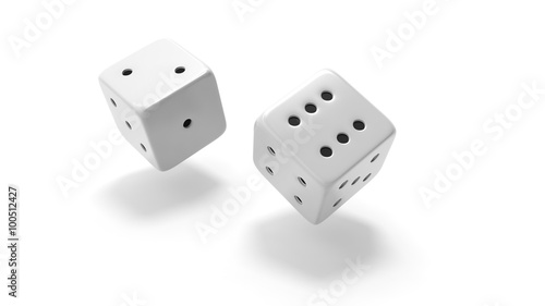 Two white dices rolling two and six  isolated on white background