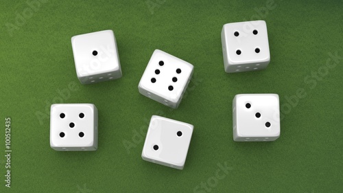 Six white dices with one to six numbers  isolated on green background