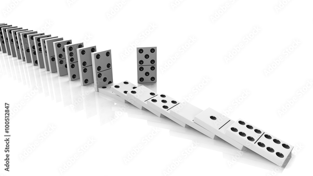 White domino tiles falling in a row with some standing, isolated on white