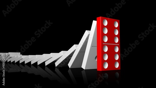 White domino tiles falling in a row on to red last one standing, isolated on black