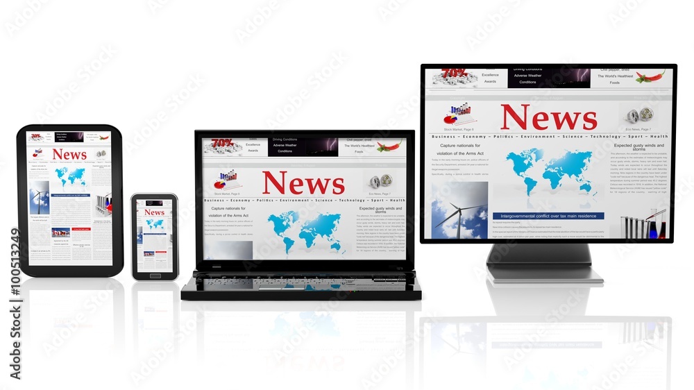 Tablet, smartphone, laptop and monitor with News website on screen,isolated on white.