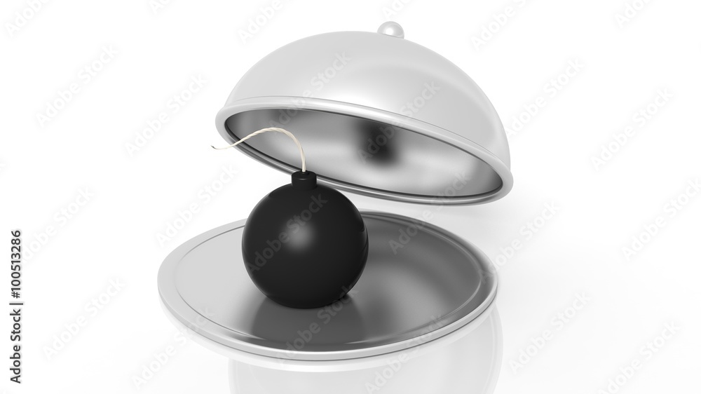 Bomb inside open serving dome dish, isolated on white background. Bomb inside open serving dome dish, isolated on white background.