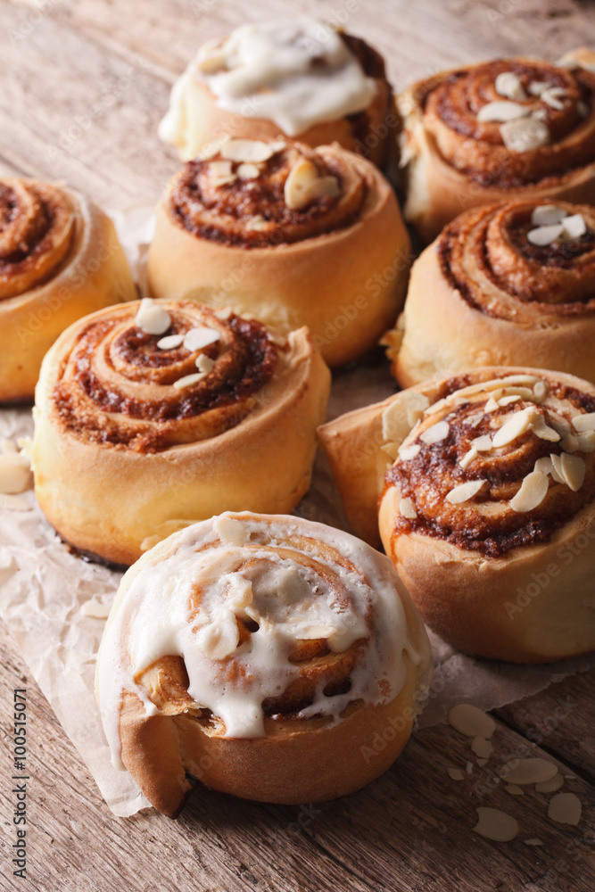 Delicious Cinnabon with almond close up. vertical
