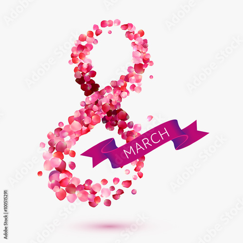 Vector greeting card with pink rose petals and ribbon. 8 march - woman's day