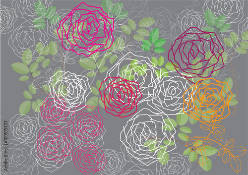 Abstract rose flower pink color background with leave line art land drawn