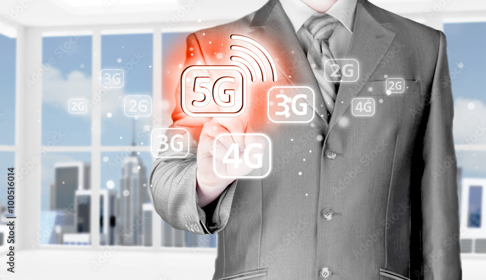 businessman holding in hand 5G, technology background