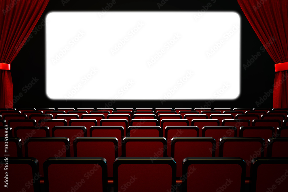 Movie film premiere and show performance concept, theatre hall interior, dark empty cinema auditorium with blank white wide screen, rows of seats and red velvet curtains Movie film premiere and show performance concept, theatre hall interior, dark empty cinema auditorium with blank white wide screen, rows of seats and red velvet curtains