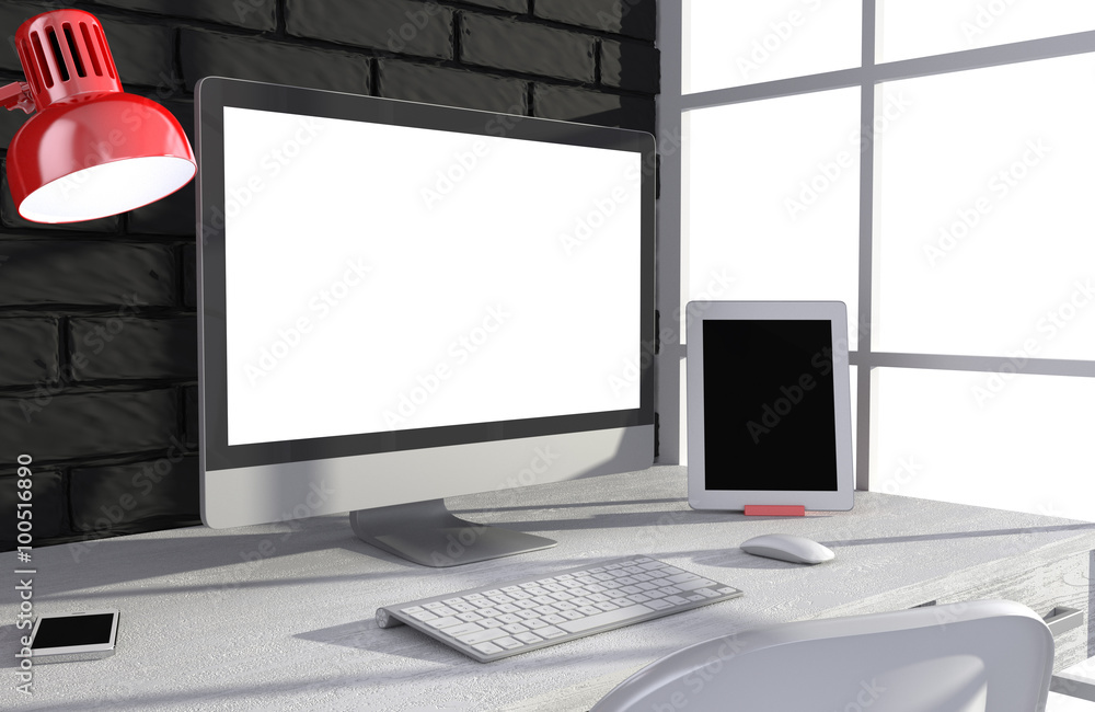 Fototapeta premium 3D illustration PC screen on table in office, Workspace