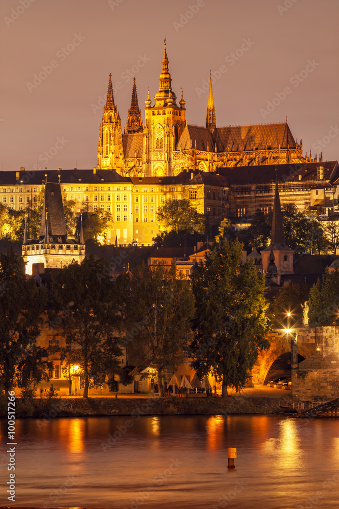View of the Cathedral of St. Vitus in the evening, Hradcany (Prague).