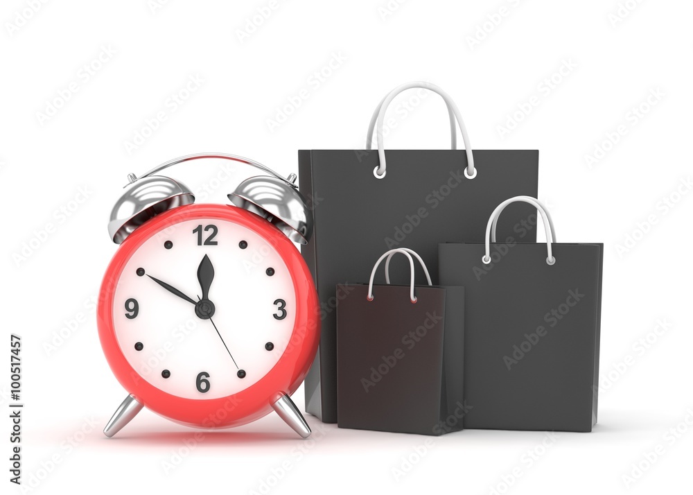 alarm clock and shopping bag (time to buy concept) alarm clock and shopping bag (time to buy concept)