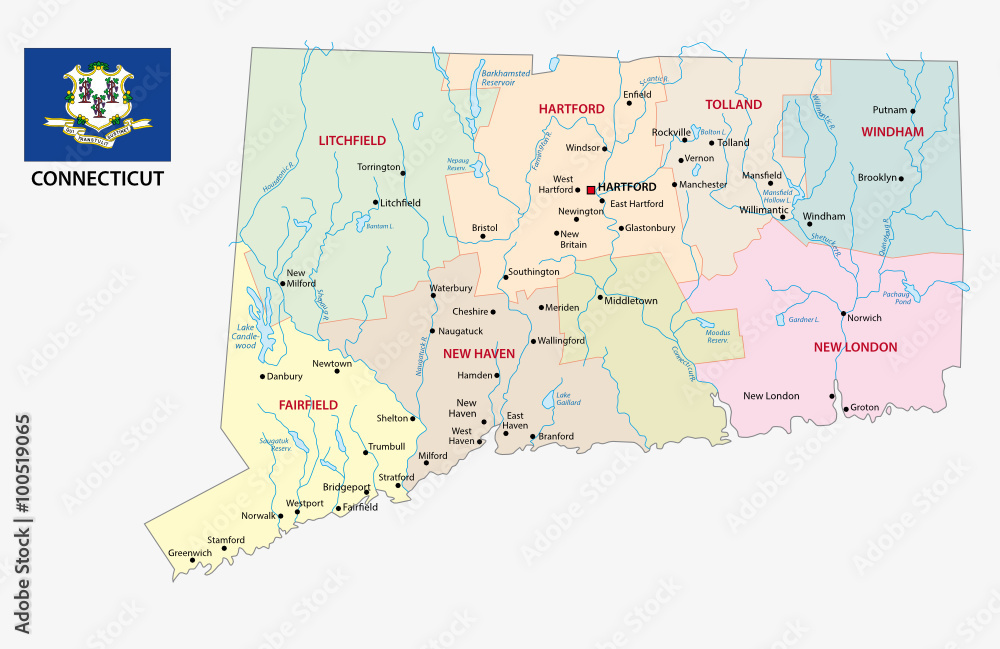 connecticut administrative map with flag
