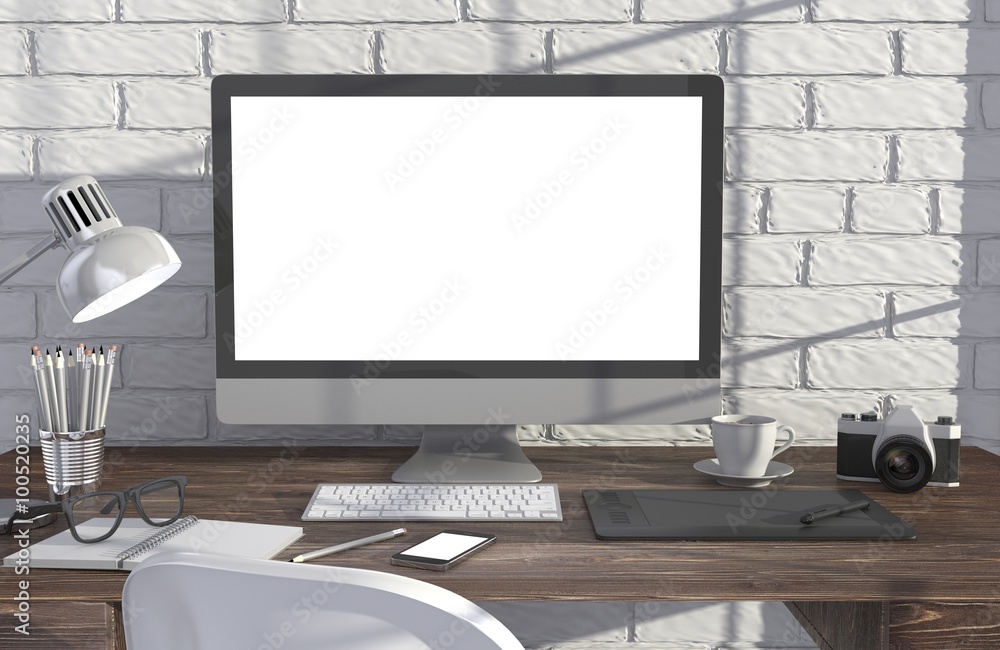 3D illustration PC screen on table in office, Workspace 3D illustration PC screen on table in office, Workspace