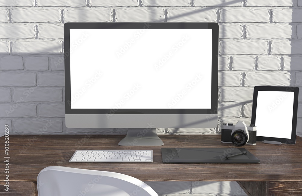 3D illustration PC screen on table in office, Workspace 3D illustration PC screen on table in office, Workspace