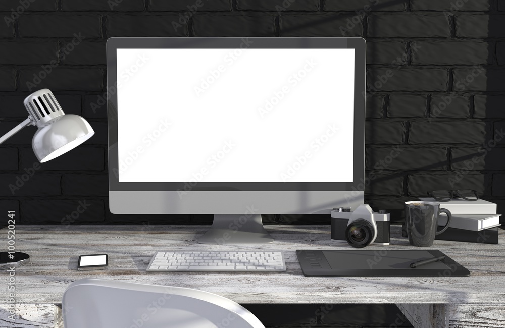 3D illustration PC screen on table in office, Workspace 3D illustration PC screen on table in office, Workspace