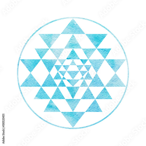 Sacred geometry and alchemy symbol Sri Yantra, formed by nine interlocking triangles that surround and radiate out from the central point. Blue Watercolor texture used. Hand painted effect.