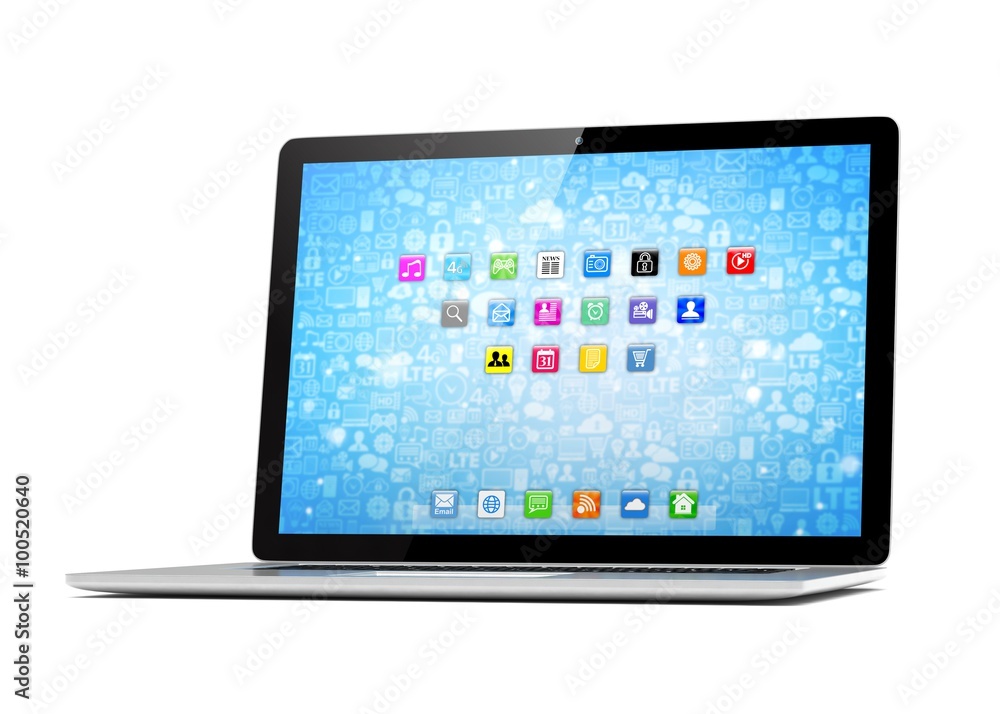 3d rendering of a laptop with blue wallpaper with app icon 3d rendering of a laptop with blue wallpaper with app icon