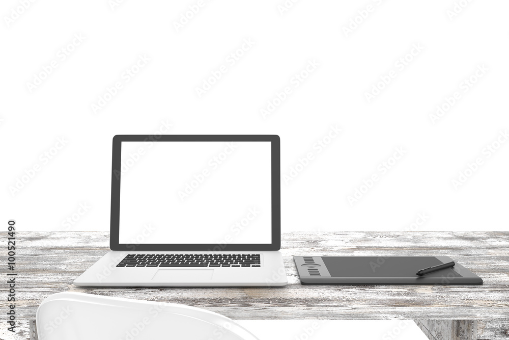 3D illustration laptop and work stuff on table near brick wall, Workspace 3D illustration laptop and work stuff on table near brick wall, Workspace
