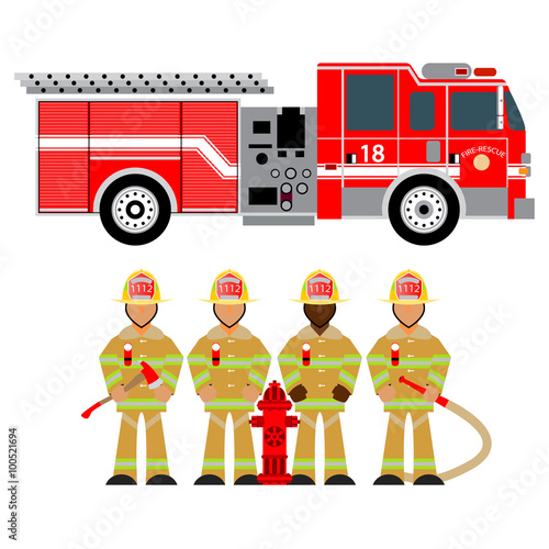 fire truck and fireman, fire brigade, team, attributes, sets fire brigade, rescue, vector graphics, wear yellow 1. EPS 8.
