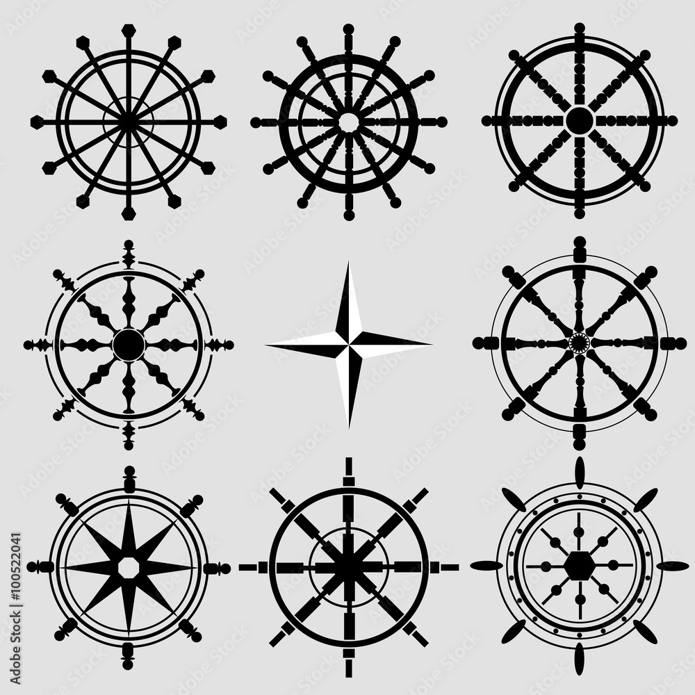Vector rudder black and white flat icons set. Rudder wheel illus
