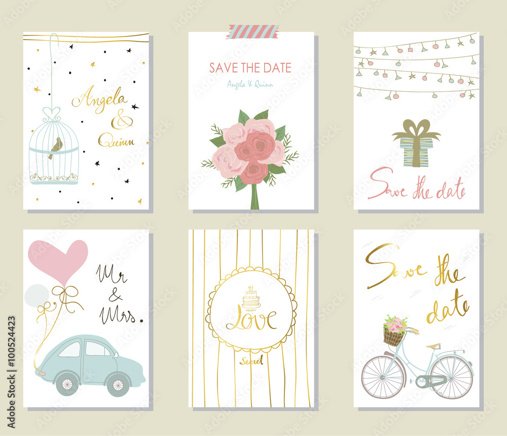 Light pink blue gold invitation card with bicycle and bouquet Light pink blue gold invitation card with bicycle and bouquet