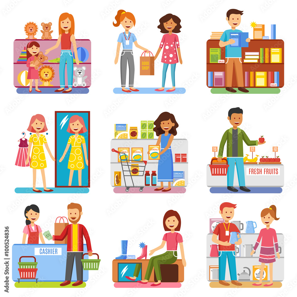 Family Shopping Concept Flat PIctograms Collection Family Shopping Concept Flat PIctograms Collection