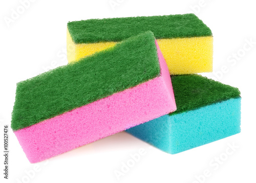 colorful sponges for washing dishes on a white