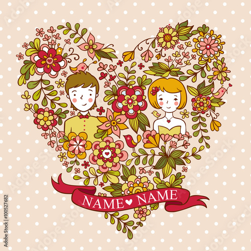 Wedding heart with flowers and birds. The bride and groom. wedding invitation with a place under the names of the newlyweds.