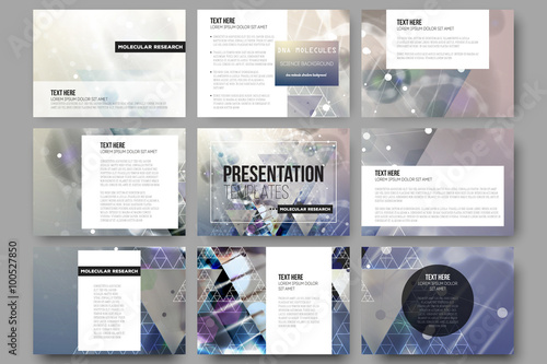 Set of 9 vector templates for presentation slides. DNA molecule structure on dark blue background. 