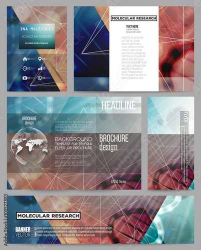 Set of business templates for presentation, brochure, flyer or booklet. DNA molecule structure on dark geen background.