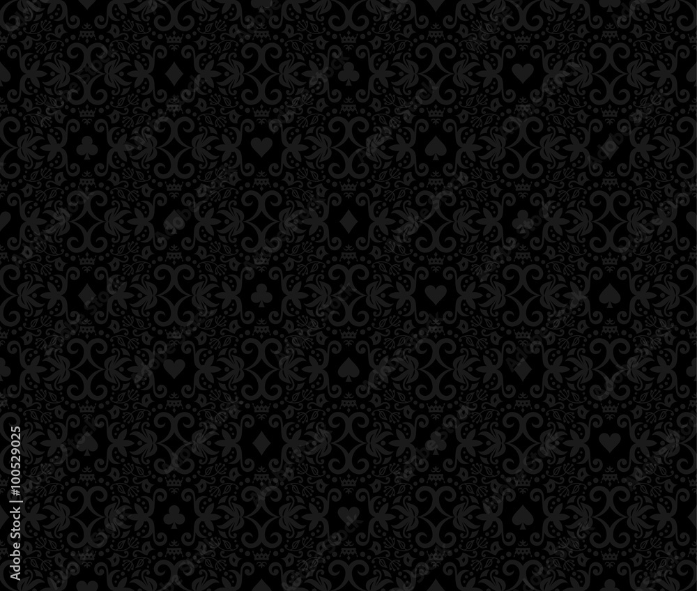 Naklejka premium Black seamless poker background with darkgrey damask pattern and cards symbols
