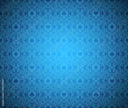 Blue poker background with dark damask pattern and cards symbols