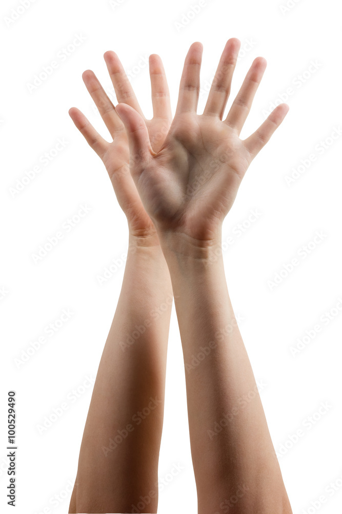 Fototapeta premium Many people's hands up isolated on white background. Various han