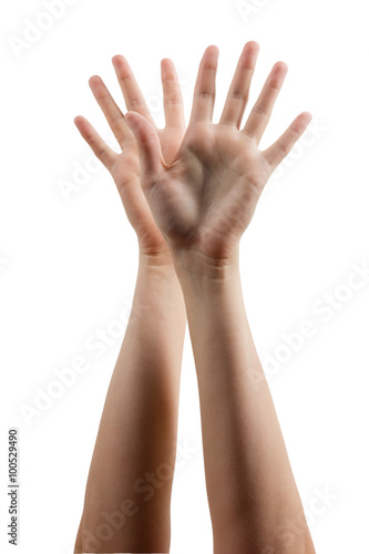 Many people's hands up isolated on white background. Various han © projectio