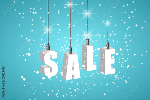 Winter sale blue banner with white hanging letters. Christmas discount, january shopping offer. Advertisement sign on hanger with sale inscription and snow.
