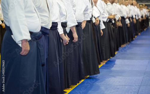 People in kimono and hakama standing in a long line on martial arts training seminar