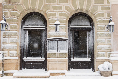 Doors covered with snow in a winter day.