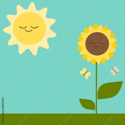 Fototapeta Naklejka Na Ścianę i Meble -  cute cartoon greeting card with sunflower and sun vector illustration
