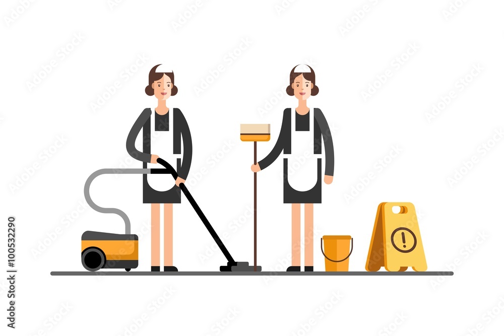 Cleaning company. Maid service. Cleaning womans in classic maid dress. Vector illustration.