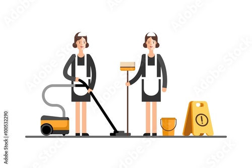 Cleaning company. Maid service. Cleaning womans in classic maid dress. Vector illustration.