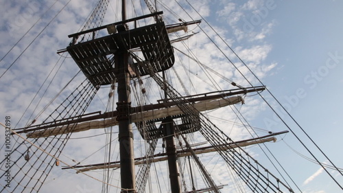 Mast of old sailing ship. Sail boat mast