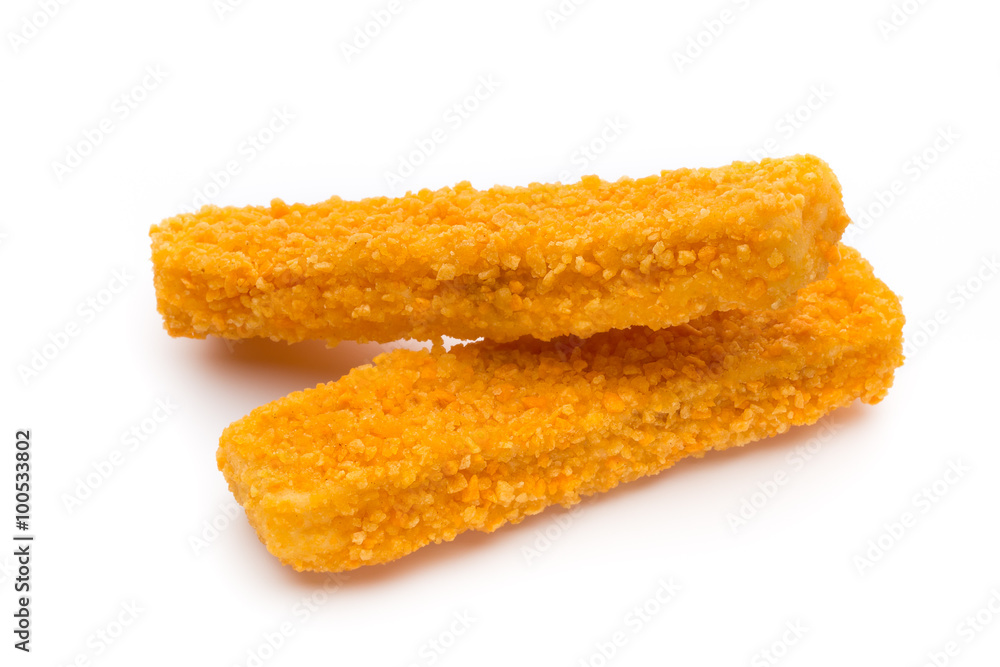 Frozen bread crumbed fish fingers on white. Frozen bread crumbed fish fingers on white.