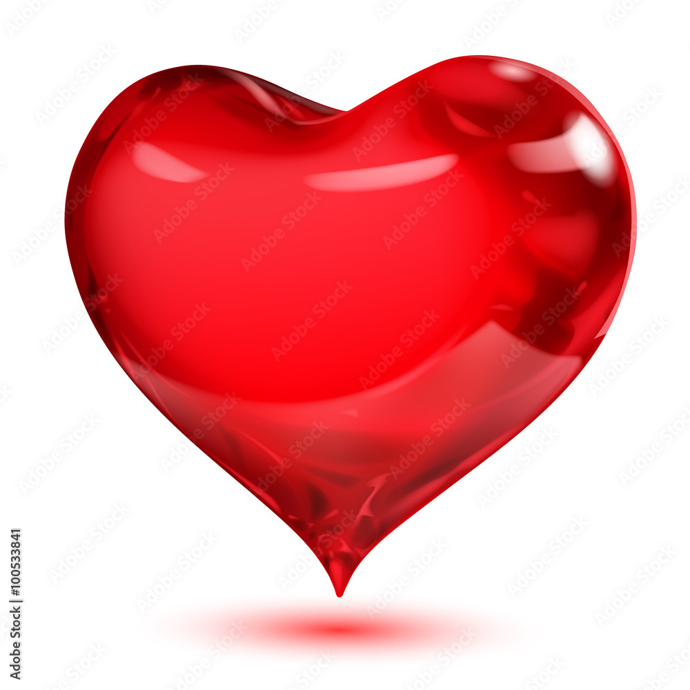 Big transparent glossy red heart with shadow on white background - obrazy, fototapety, plakaty 