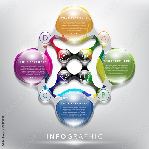 Abstract info graphic with circle elements. Glossy, colorful and transparent on the white panel. Use for business concept. 4 parts concept. Vector illustration. Eps10.