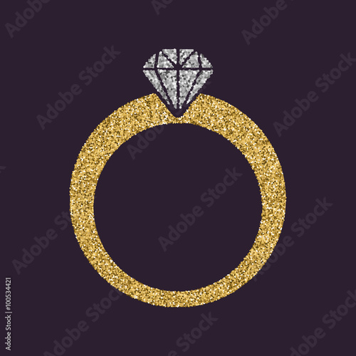 The ring icon. Diamond and jewelry, wedding symbol. Gold sparkles and glitter